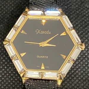 Vintage Xanadu gold with rhinestone hexagon face & leather watchband - Used